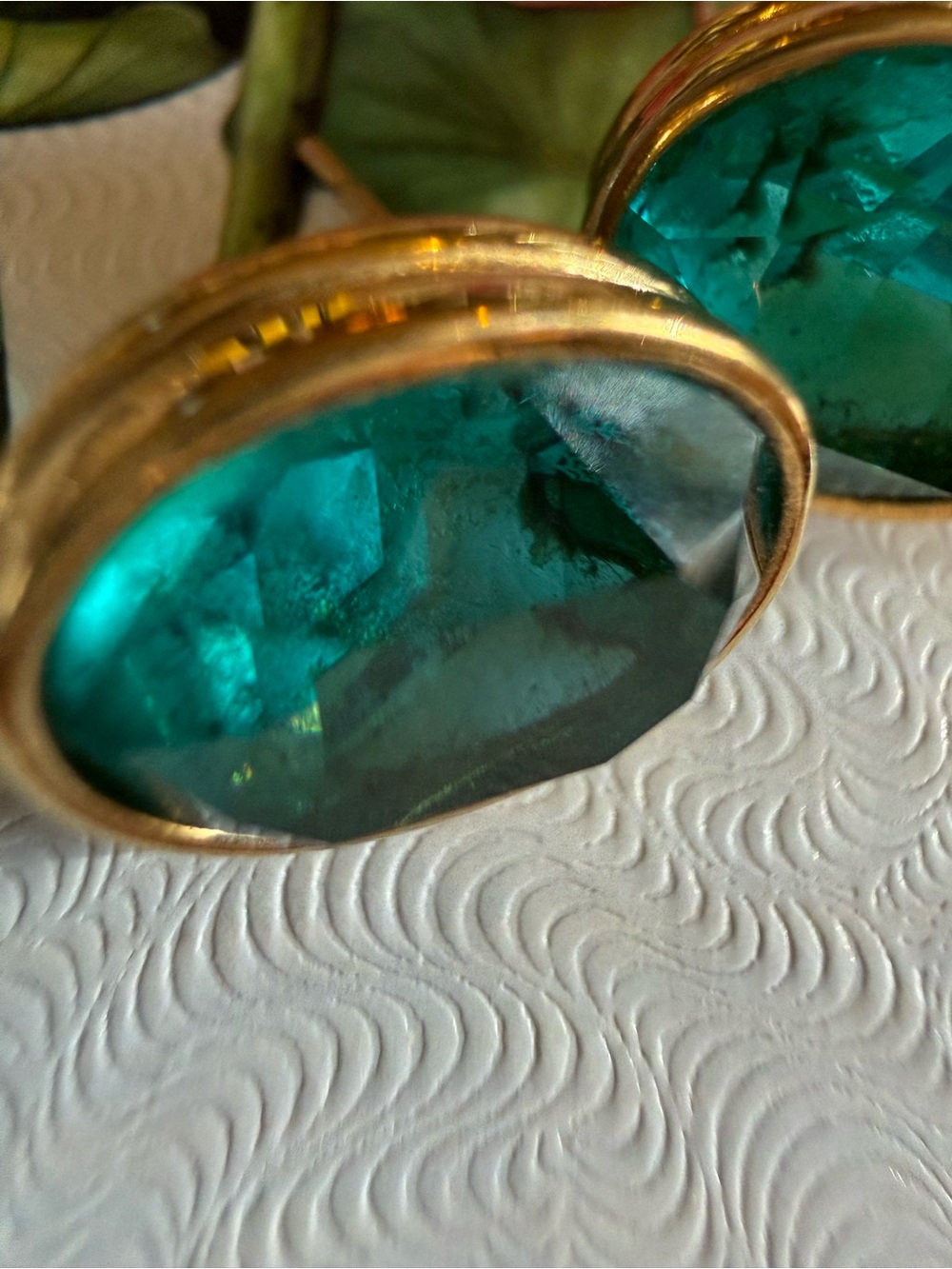 Vintage “ Givenchy” Earrings multi faceted Teal Green Glass Cabochon - Picture 5 of 10
